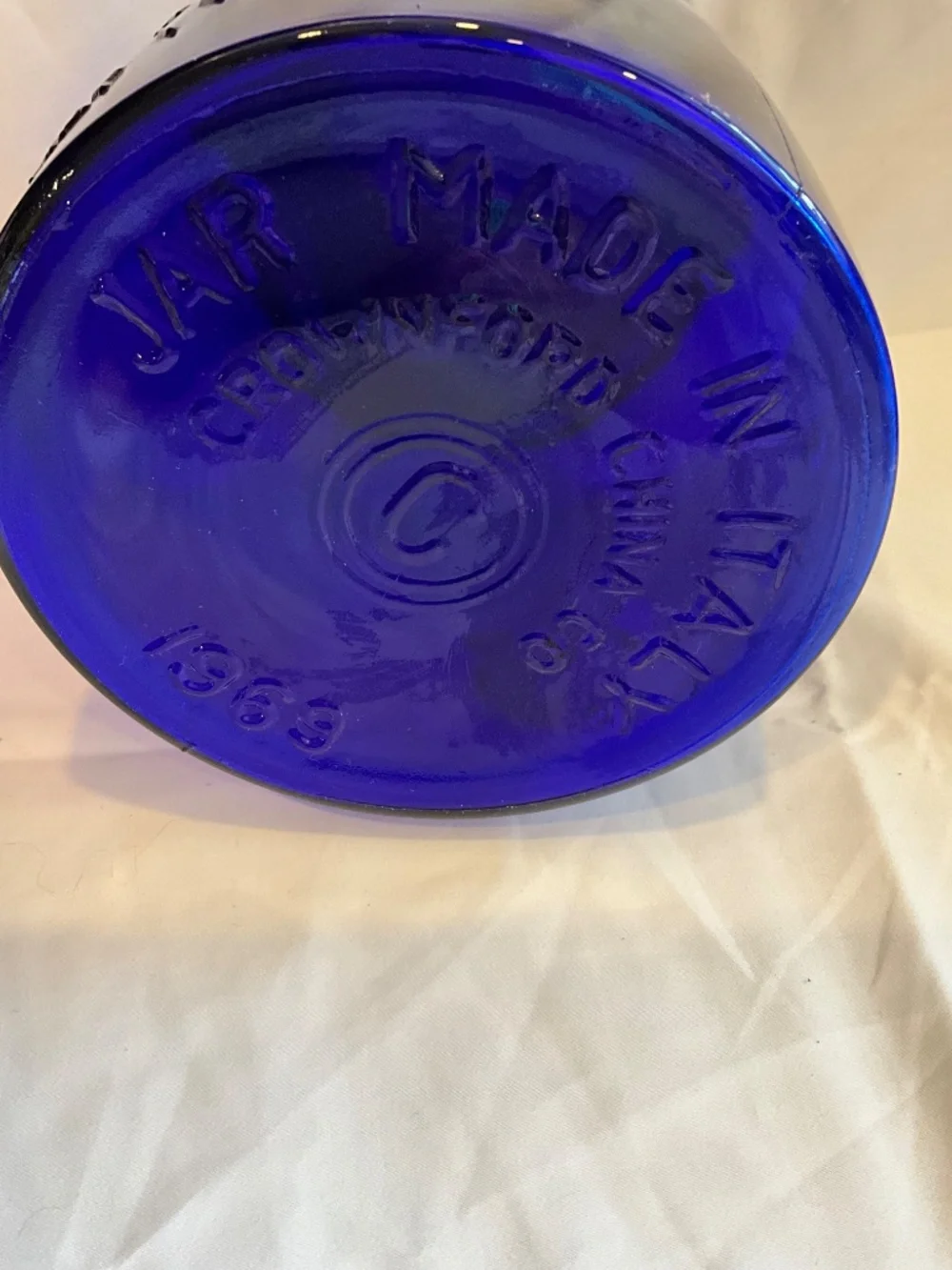 Vintage Crownford‎ China Co Cobalt Blue 2-Quart Jar Bless Our House Italy